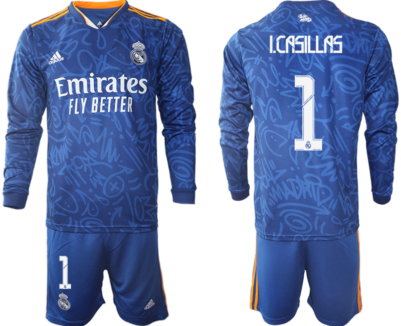 Men 2021-2022 Club Real Madrid away blue Long Sleeve #1 Soccer Jerseys